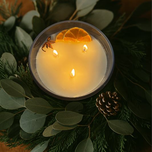 Candle with orange slices and star anise on a green leafy background