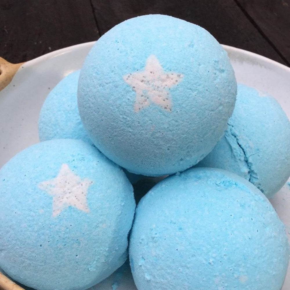 blue bath bombs with white stars 